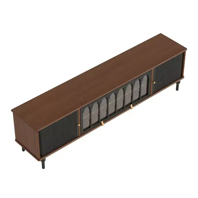Mid-Century Modern 78.74 TV Stand with Sliding Doors, Arched Glass Panels, Metal Handles, Solid Wood Legs & Cable Management