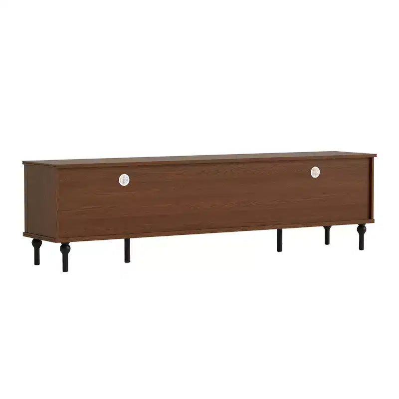 Mid-Century Modern 78.74 TV Stand with Sliding Doors, Arched Glass Panels, Metal Handles, Solid Wood Legs & Cable Management
