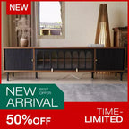 Mid-Century Modern 78.74 TV Stand with Sliding Doors, Arched Glass Panels, Metal Handles, Solid Wood Legs & Cable Management