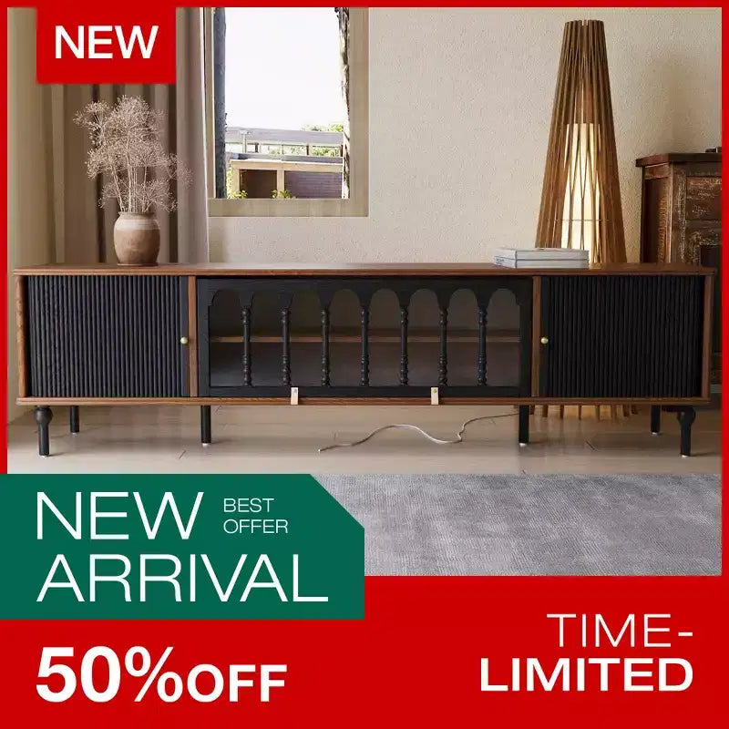 Mid-Century Modern 78.74 TV Stand with Sliding Doors, Arched Glass Panels, Metal Handles, Solid Wood Legs & Cable Management