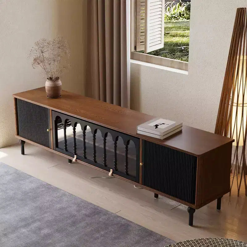 Mid-Century Modern 78.74 TV Stand with Sliding Doors, Arched Glass Panels, Metal Handles, Solid Wood Legs & Cable Management