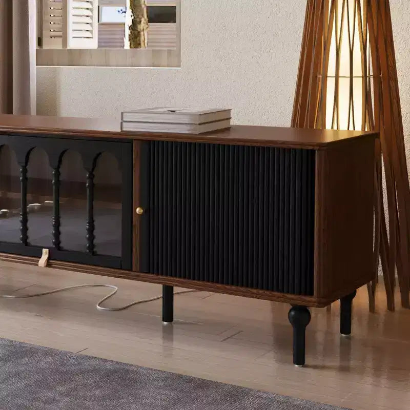 Mid-Century Modern 78.74 TV Stand with Sliding Doors, Arched Glass Panels, Metal Handles, Solid Wood Legs & Cable Management