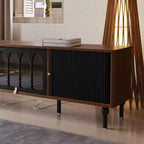 Mid-Century Modern 78.74 TV Stand with Sliding Doors, Arched Glass Panels, Metal Handles, Solid Wood Legs & Cable Management