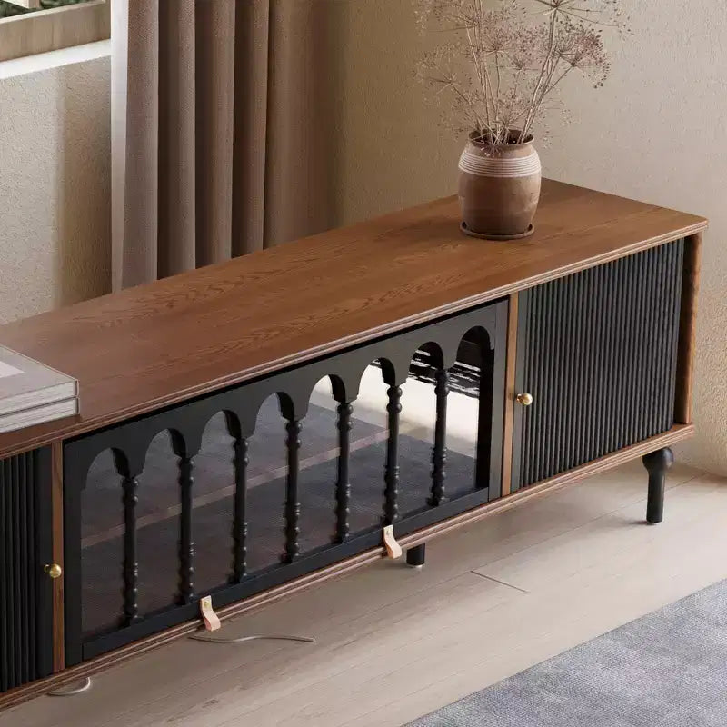 Mid-Century Modern 78.74 TV Stand with Sliding Doors, Arched Glass Panels, Metal Handles, Solid Wood Legs & Cable Management