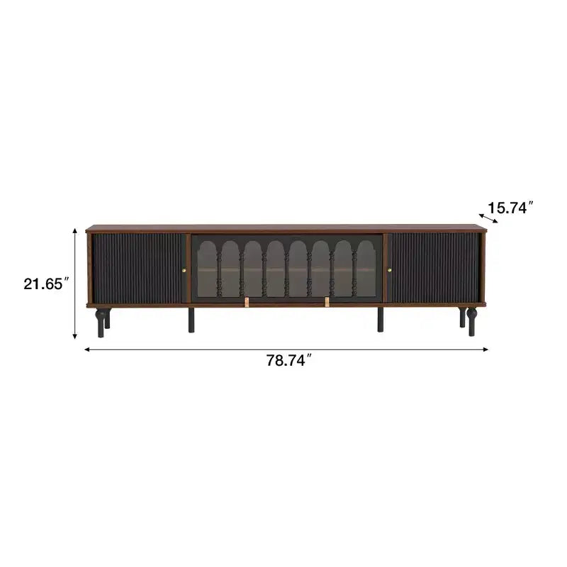 Mid-Century Modern 78.74 TV Stand with Sliding Doors, Arched Glass Panels, Metal Handles, Solid Wood Legs & Cable Management