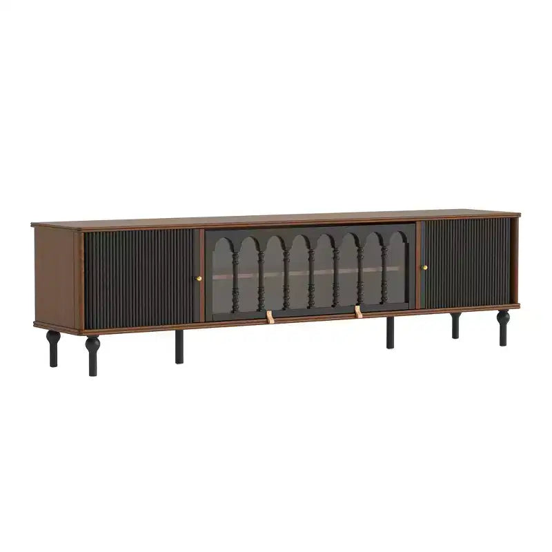 Mid-Century Modern 78.74 TV Stand with Sliding Doors, Arched Glass Panels, Metal Handles, Solid Wood Legs & Cable Management