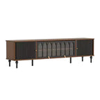 Mid-Century Modern 78.74 TV Stand with Sliding Doors, Arched Glass Panels, Metal Handles, Solid Wood Legs & Cable Management