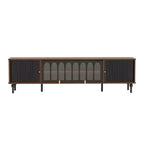 Mid-Century Modern 78.74 TV Stand with Sliding Doors, Arched Glass Panels, Metal Handles, Solid Wood Legs & Cable Management