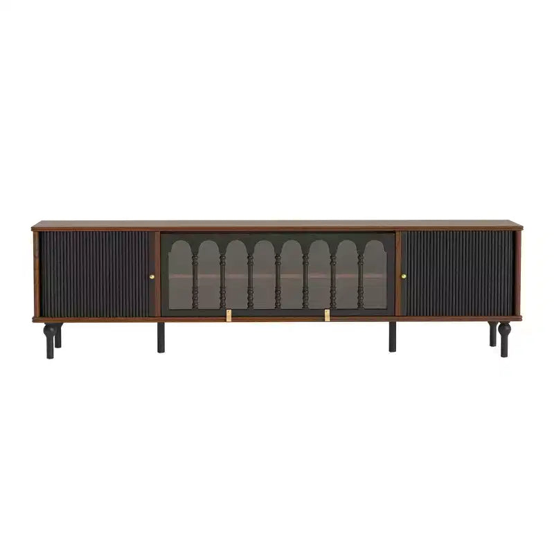 Mid-Century Modern 78.74 TV Stand with Sliding Doors, Arched Glass Panels, Metal Handles, Solid Wood Legs & Cable Management