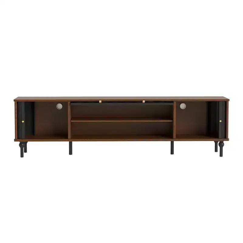 Mid-Century Modern 78.74 TV Stand with Sliding Doors, Arched Glass Panels, Metal Handles, Solid Wood Legs & Cable Management