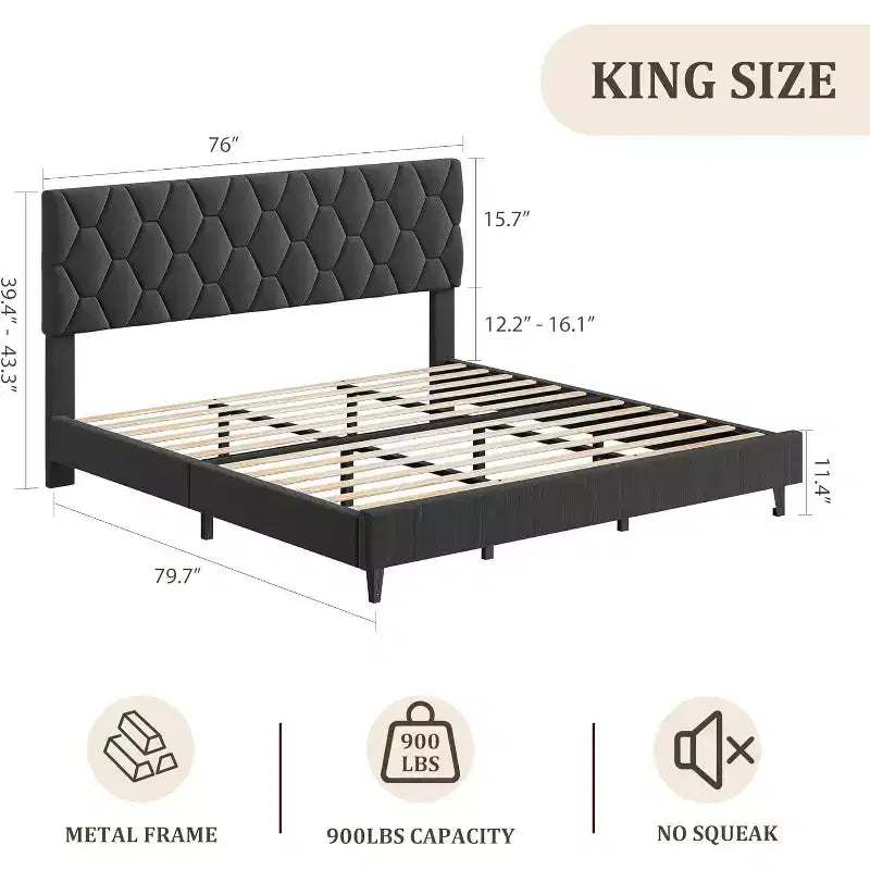 Struttura letto King Size con testiera imbottita e supporto con doghe in legno, base per materasso imbottita/Senza necessità di rete a doghe/Facile da montare, grigio