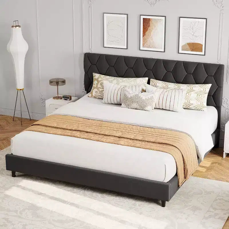Struttura letto King Size con testiera imbottita e supporto con doghe in legno, base per materasso imbottita/Senza necessità di rete a doghe/Facile da montare, grigio