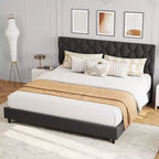 Struttura letto King Size con testiera imbottita e supporto con doghe in legno, base per materasso imbottita/Senza necessità di rete a doghe/Facile da montare, grigio