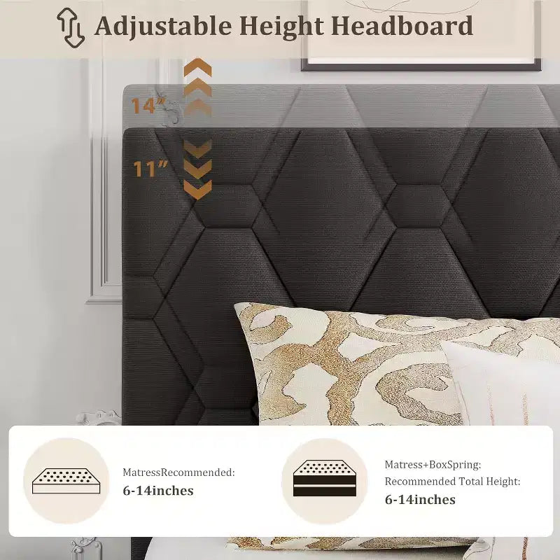 Struttura letto King Size con testiera imbottita e supporto con doghe in legno, base per materasso imbottita/Senza necessità di rete a doghe/Facile da montare, grigio