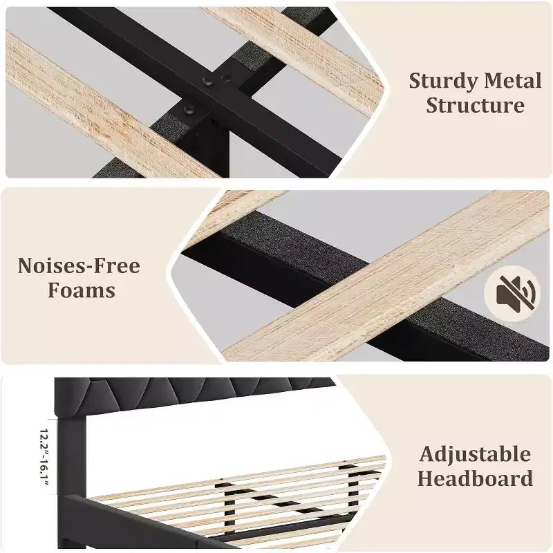 Struttura letto King Size con testiera imbottita e supporto con doghe in legno, base per materasso imbottita/Senza necessità di rete a doghe/Facile da montare, grigio