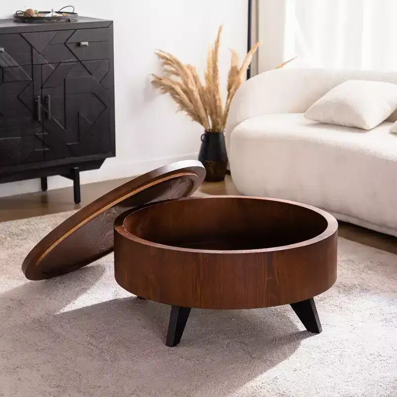 Runder Couchtisch mit 31 Zoll Durchmesser und abnehmbarem Deckel, Trommeltisch im Mid-Century-Stil für das Wohnzimmer, versteckter Stauraum
