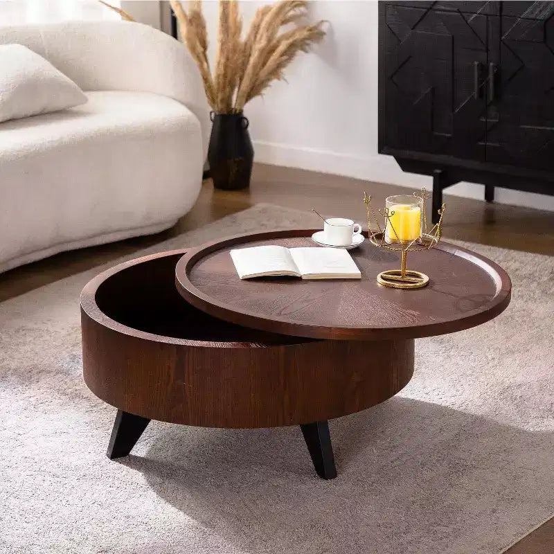 Runder Couchtisch mit 31 Zoll Durchmesser und abnehmbarem Deckel, Trommeltisch im Mid-Century-Stil für das Wohnzimmer, versteckter Stauraum