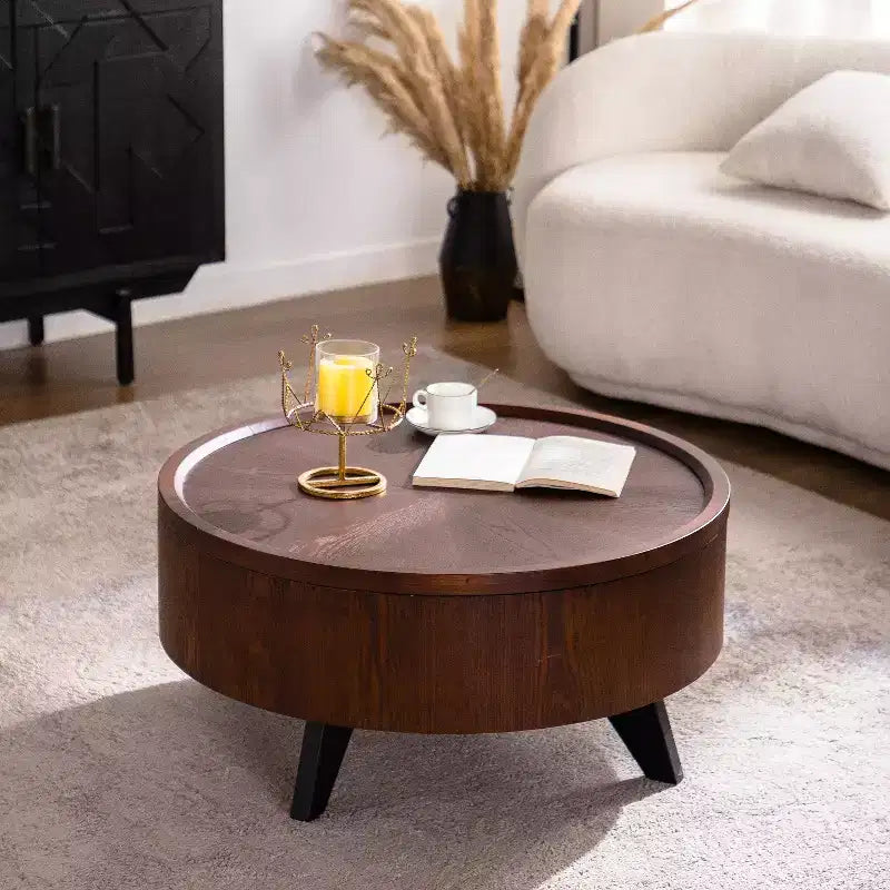 Runder Couchtisch mit 31 Zoll Durchmesser und abnehmbarem Deckel, Trommeltisch im Mid-Century-Stil für das Wohnzimmer, versteckter Stauraum