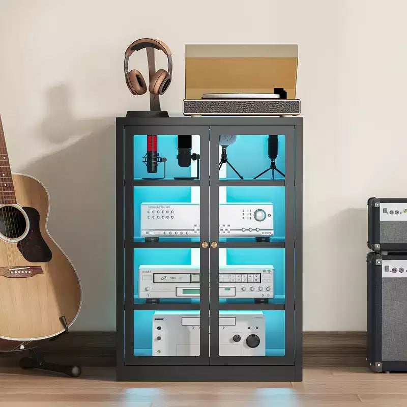 Mobiletto multimediale in metallo, mobile stereo a 4 ripiani con ante in vetro e ripiani regolabili, rack audio AV con gestione dei cavi