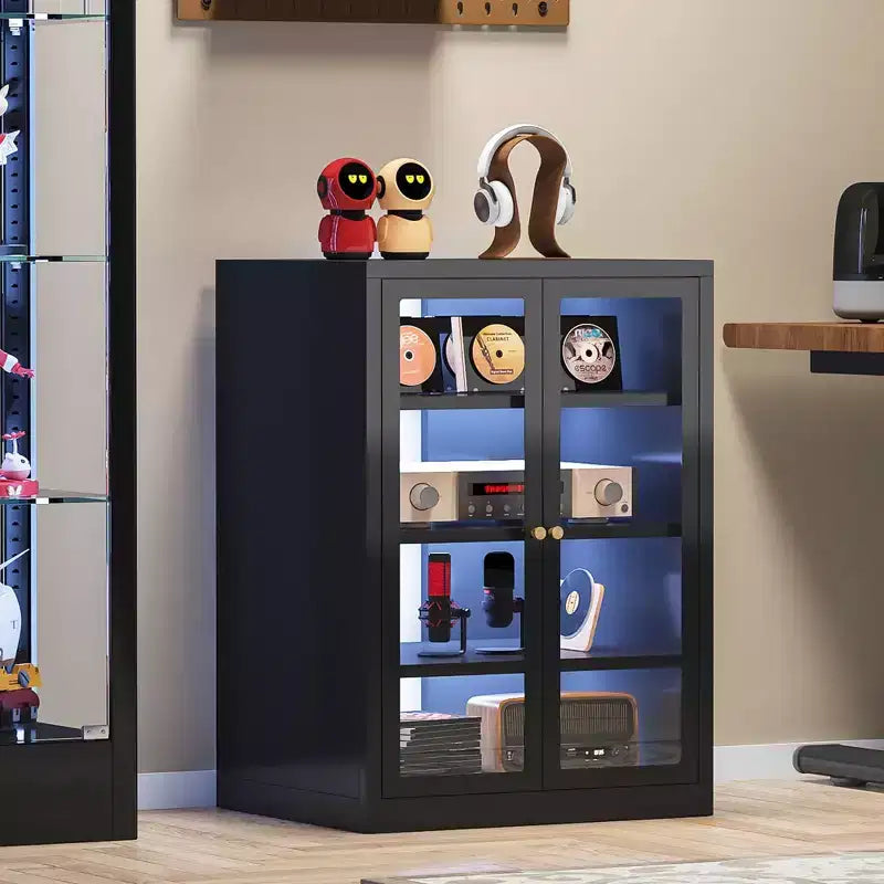 Mobiletto multimediale in metallo, mobile stereo a 4 ripiani con ante in vetro e ripiani regolabili, rack audio AV con gestione dei cavi