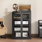 Mobiletto multimediale in metallo, mobile stereo a 4 ripiani con ante in vetro e ripiani regolabili, rack audio AV con gestione dei cavi