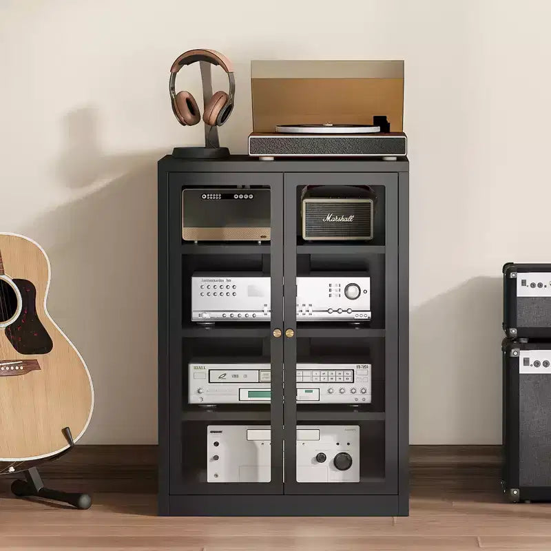 Mobiletto multimediale in metallo, mobile stereo a 4 ripiani con ante in vetro e ripiani regolabili, rack audio AV con gestione dei cavi