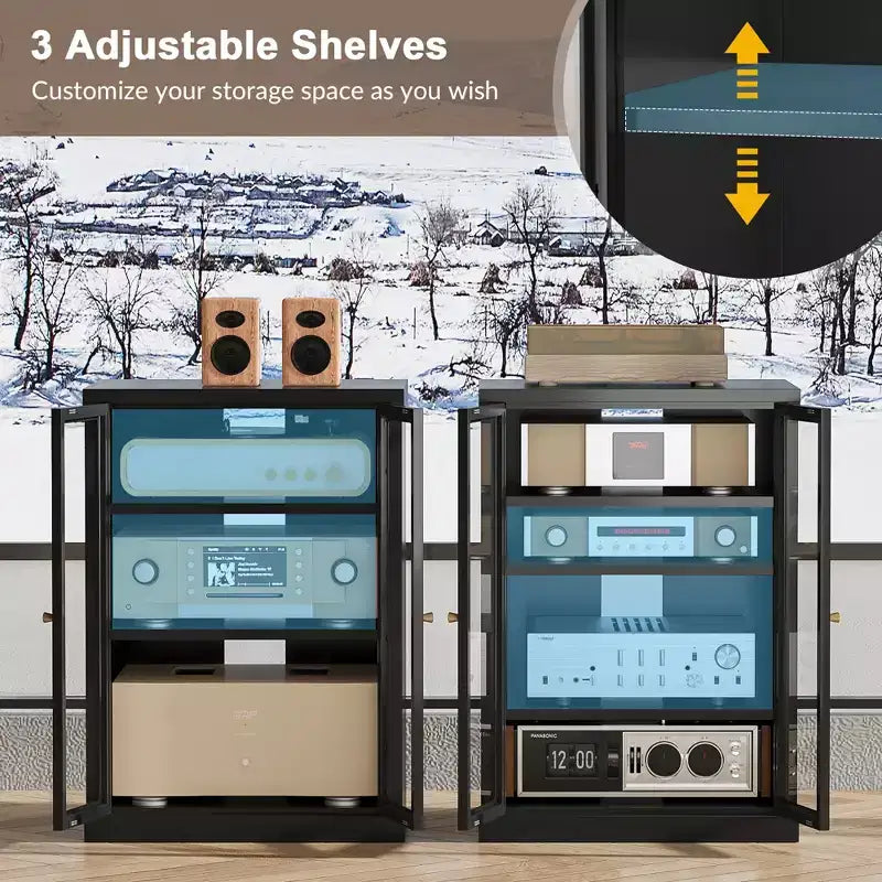 Mobiletto multimediale in metallo, mobile stereo a 4 ripiani con ante in vetro e ripiani regolabili, rack audio AV con gestione dei cavi