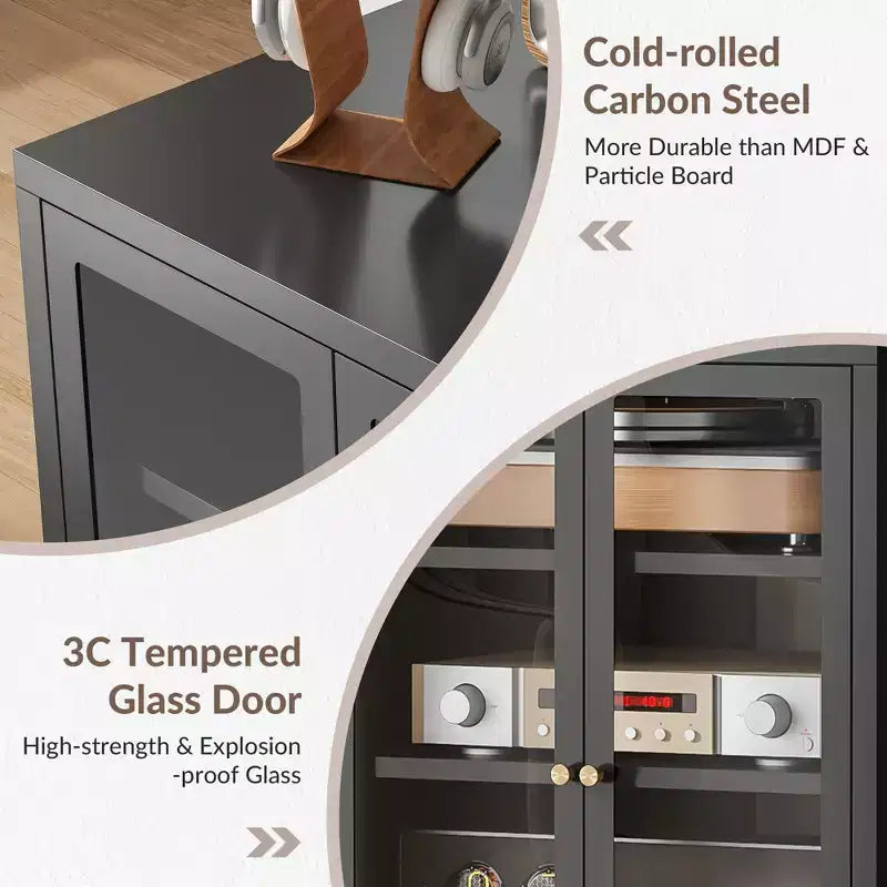 Mobiletto multimediale in metallo, mobile stereo a 4 ripiani con ante in vetro e ripiani regolabili, rack audio AV con gestione dei cavi