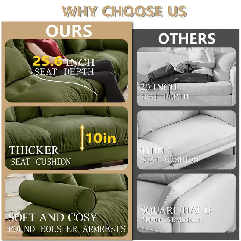Modern Two Seater Sofa with Bolsteredd Armrests Waist Pillows Throw Pillows for Living Room Hallway Bedroom Olive Green