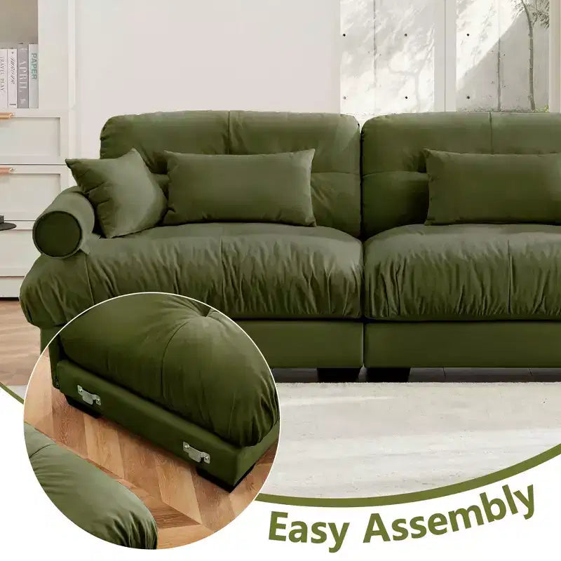 Modern Two Seater Sofa with Bolsteredd Armrests Waist Pillows Throw Pillows for Living Room Hallway Bedroom Olive Green