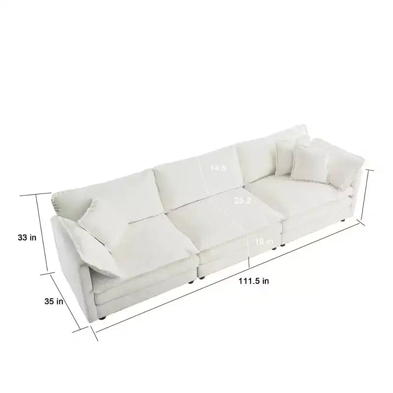 Canapé moderne du milieu du siècle à 3 places avec 2 coussins d’accoudoir et 3 coussins décoratifs pour le salon, blanc