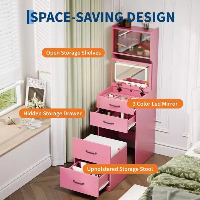3-in-1-Schminktisch mit 3-farbiger Beleuchtung, kompaktes Schminktisch-Set mit 2 Steckdosen und USB, Frisiertisch mit Schubladen
