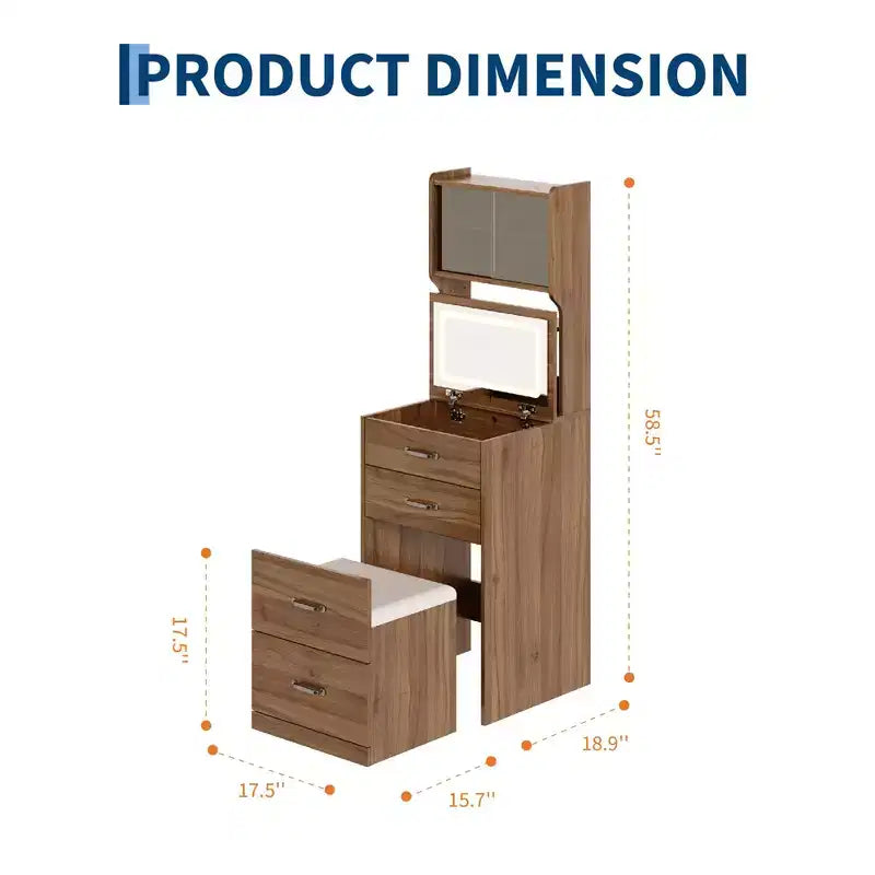 3-in-1-Schminktisch mit 3-farbiger Beleuchtung, kompaktes Schminktisch-Set mit 2 Steckdosen und USB, Frisiertisch mit Schubladen