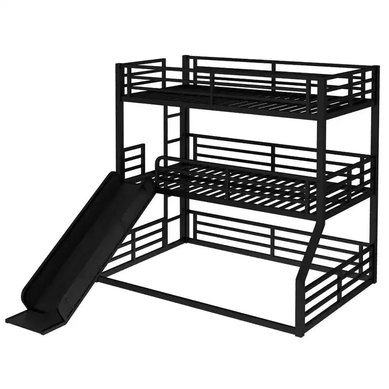 Letto a castello triplo in metallo Twin XL sopra Twin XL sopra Twin XL con scivolo, sponde di sicurezza, struttura robusta e design a bassa rumorosità, nero