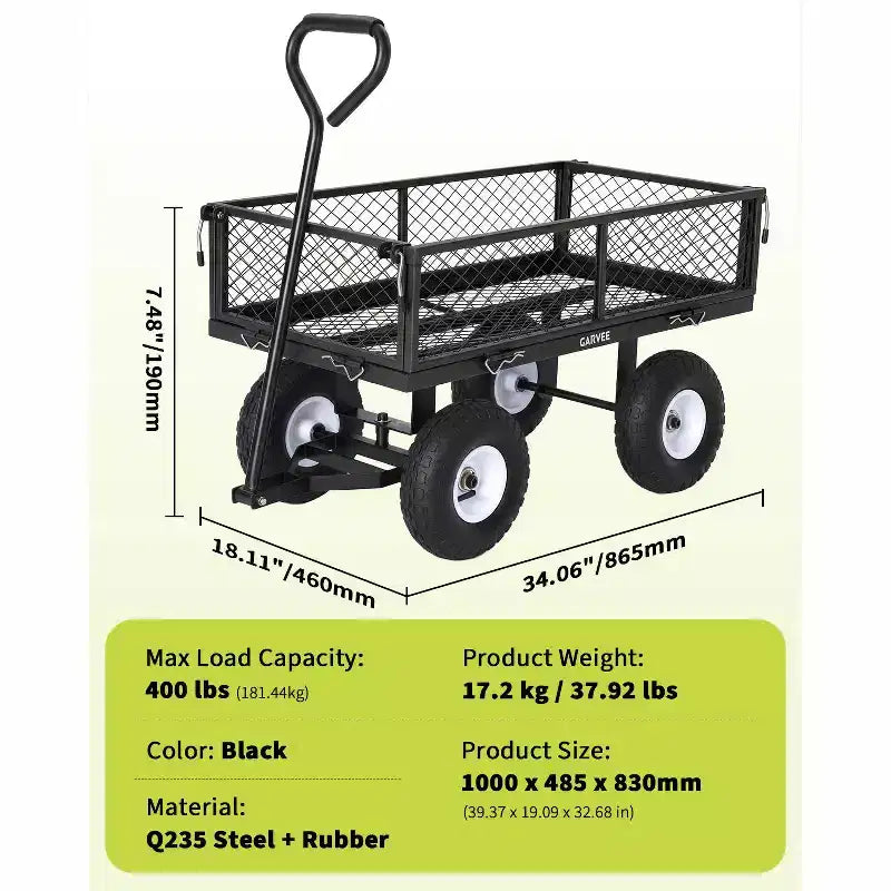 Vielseitiger Outdoor-Transportwagen, hochbelastbar bis 400 LBS, 10 geländegängige Luftreifen, wendiger Gartenwagen mit abnehmbaren Netzseiten zum Gärtnern