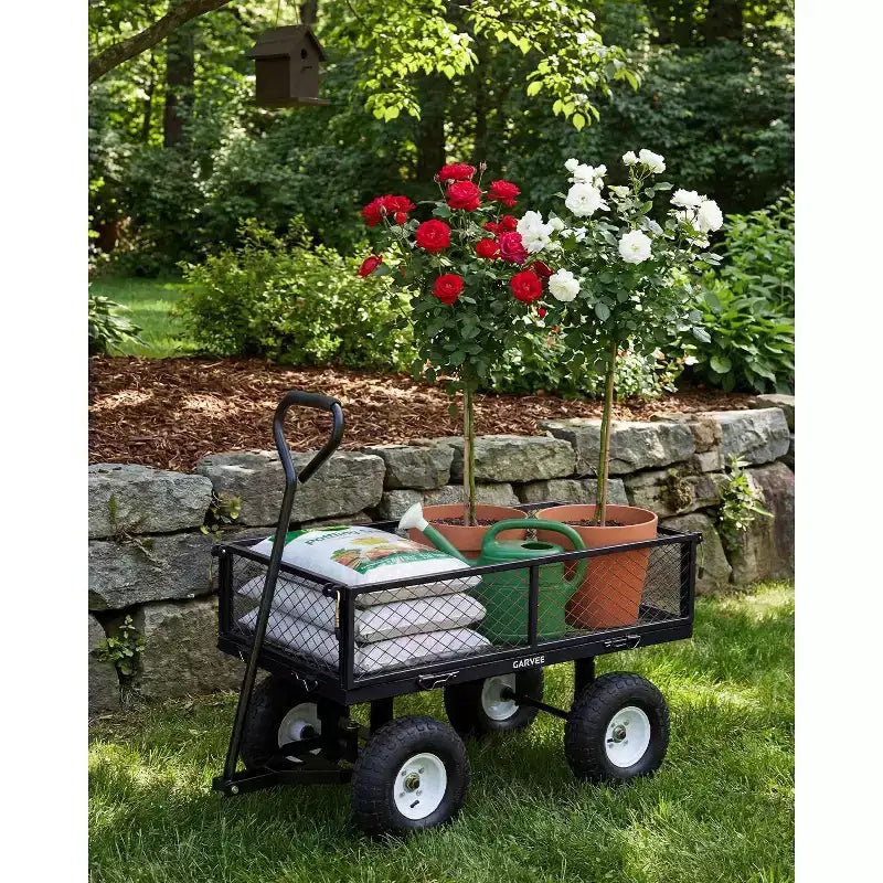 Vielseitiger Outdoor-Transportwagen, hochbelastbar bis 400 LBS, 10 geländegängige Luftreifen, wendiger Gartenwagen mit abnehmbaren Netzseiten zum Gärtnern