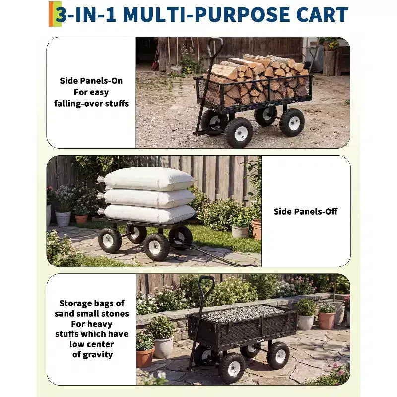 Vielseitiger Outdoor-Transportwagen, hochbelastbar bis 400 LBS, 10 geländegängige Luftreifen, wendiger Gartenwagen mit abnehmbaren Netzseiten zum Gärtnern
