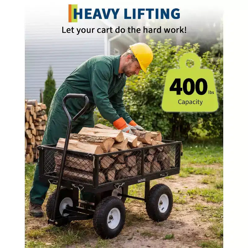 Vielseitiger Outdoor-Transportwagen, hochbelastbar bis 400 LBS, 10 geländegängige Luftreifen, wendiger Gartenwagen mit abnehmbaren Netzseiten zum Gärtnern