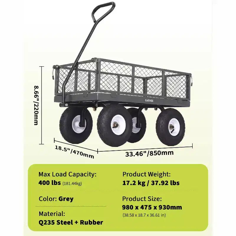 Vielseitiger Outdoor-Transportwagen, hochbelastbar bis 400 LBS, 10 geländegängige Luftreifen, wendiger Gartenwagen mit abnehmbaren Netzseiten zum Gärtnern