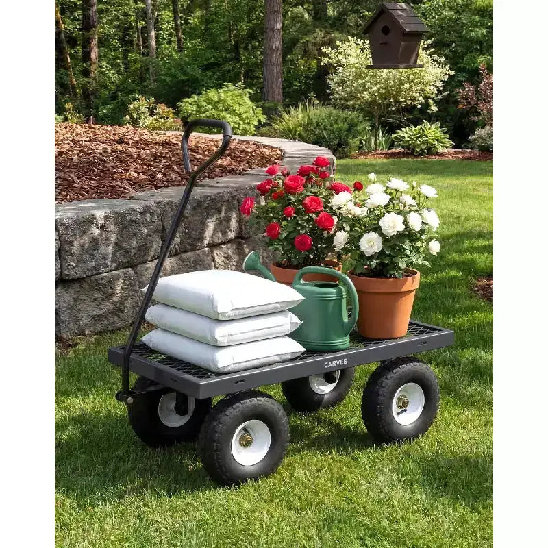 Vielseitiger Outdoor-Transportwagen, hochbelastbar bis 400 LBS, 10 geländegängige Luftreifen, wendiger Gartenwagen mit abnehmbaren Netzseiten zum Gärtnern