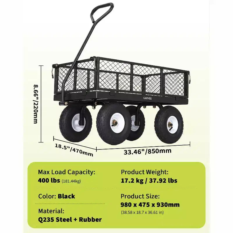 Vielseitiger Outdoor-Transportwagen, hochbelastbar bis 400 LBS, 10 geländegängige Luftreifen, wendiger Gartenwagen mit abnehmbaren Netzseiten zum Gärtnern