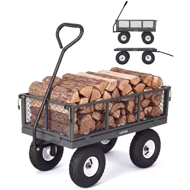 Vielseitiger Outdoor-Transportwagen, hochbelastbar bis 400 LBS, 10 geländegängige Luftreifen, wendiger Gartenwagen mit abnehmbaren Netzseiten zum Gärtnern