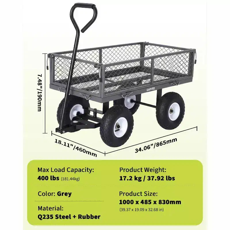 Vielseitiger Outdoor-Transportwagen, hochbelastbar bis 400 LBS, 10 geländegängige Luftreifen, wendiger Gartenwagen mit abnehmbaren Netzseiten zum Gärtnern