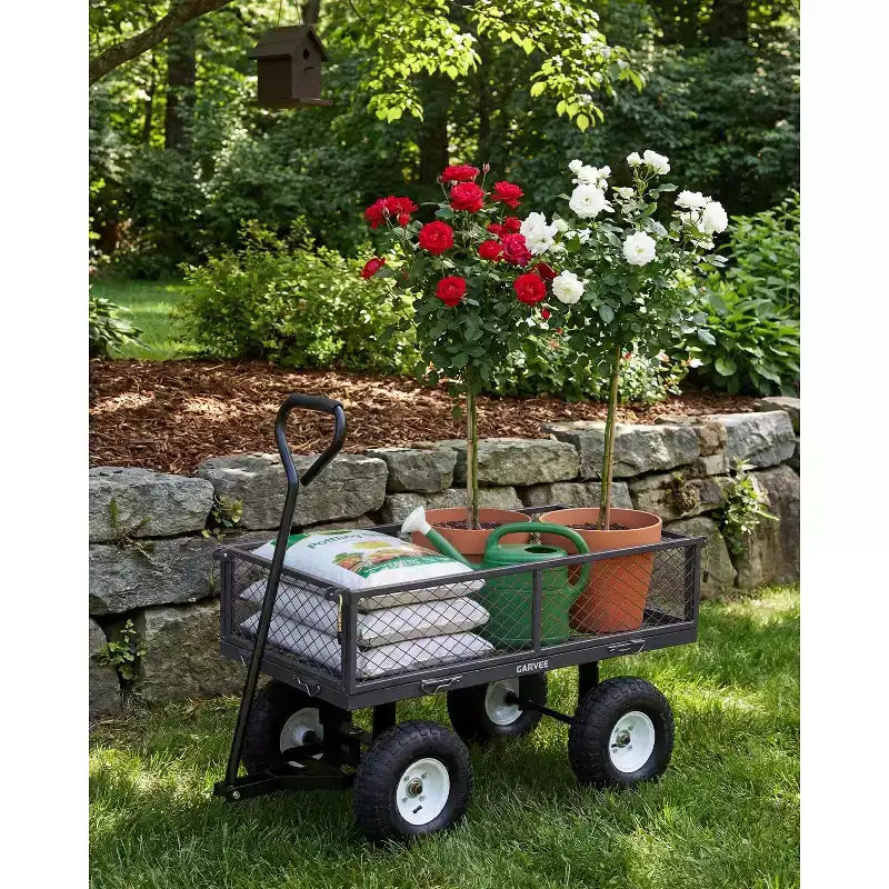 Vielseitiger Outdoor-Transportwagen, hochbelastbar bis 400 LBS, 10 geländegängige Luftreifen, wendiger Gartenwagen mit abnehmbaren Netzseiten zum Gärtnern