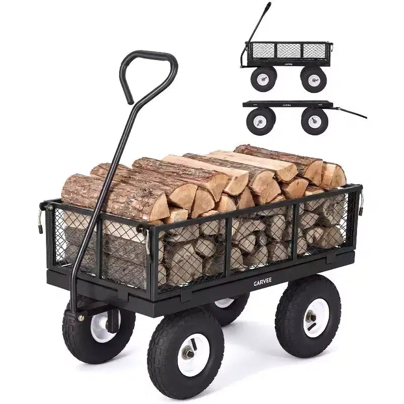 Vielseitiger Outdoor-Transportwagen, hochbelastbar bis 400 LBS, 10 geländegängige Luftreifen, wendiger Gartenwagen mit abnehmbaren Netzseiten zum Gärtnern