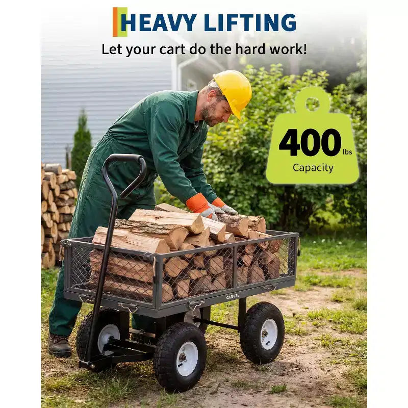 Vielseitiger Outdoor-Transportwagen, hochbelastbar bis 400 LBS, 10 geländegängige Luftreifen, wendiger Gartenwagen mit abnehmbaren Netzseiten zum Gärtnern