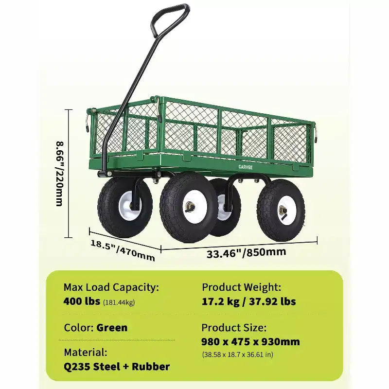 Vielseitiger Outdoor-Transportwagen, hochbelastbar bis 400 LBS, 10 geländegängige Luftreifen, wendiger Gartenwagen mit abnehmbaren Netzseiten zum Gärtnern