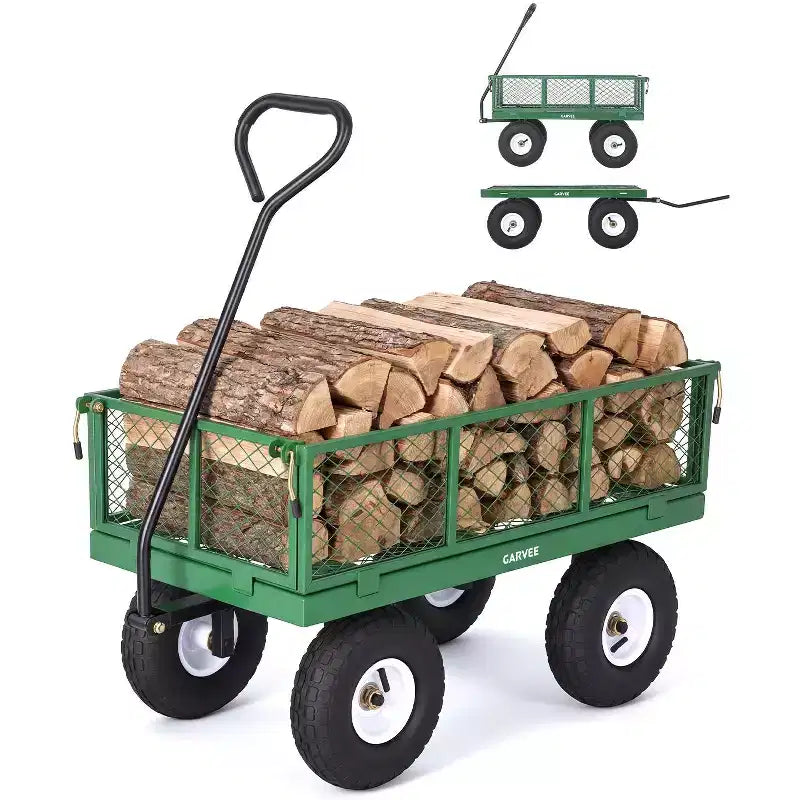 Vielseitiger Outdoor-Transportwagen, hochbelastbar bis 400 LBS, 10 geländegängige Luftreifen, wendiger Gartenwagen mit abnehmbaren Netzseiten zum Gärtnern