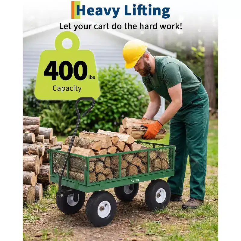 Vielseitiger Outdoor-Transportwagen, hochbelastbar bis 400 LBS, 10 geländegängige Luftreifen, wendiger Gartenwagen mit abnehmbaren Netzseiten zum Gärtnern