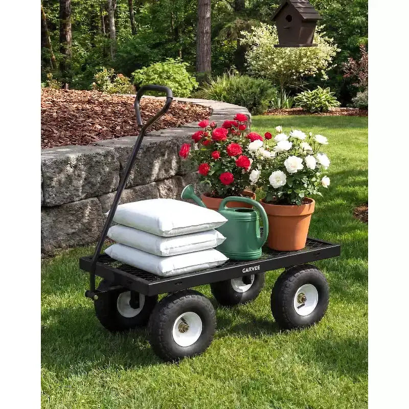 Vielseitiger Outdoor-Transportwagen, hochbelastbar bis 400 LBS, 10 geländegängige Luftreifen, wendiger Gartenwagen mit abnehmbaren Netzseiten zum Gärtnern